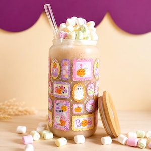 Vaso de Halloween con tapa de bambú y pajita de cristal | Taza de cristal opalino con bonito diseño | Regalo de vaso kawaii