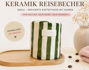 Personalized ceramic travel mug 300ml with name – Striped coffee mug to go – Coffee cup gift idea, Mother's Day gift