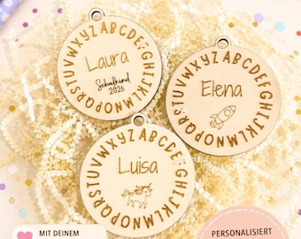 Personalized school cone tag with name – wooden tag for first day of school | Gift for schoolchild 2026 | ABC tag made of wood