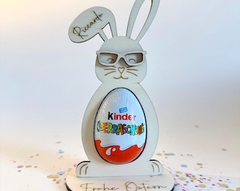 Personalized wooden Easter bunny with name – holder for Kinder Surprise eggs – Easter gift for children – with glasses, flower or plain