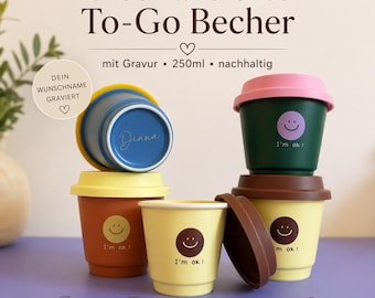 Personalized 250ml travel mug – Minimalist coffee cup in 4 colors – with silicone lid – Engraved name – Sustainable