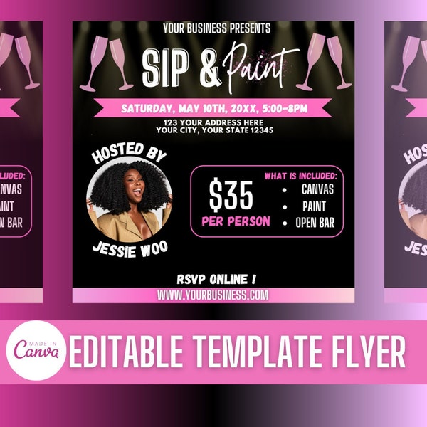 SIP AND PAINT e-flyer template, Edit on Canva, Sip and Shop Flyer, diy Paint and sip flyer, Event Flyer, Canva template