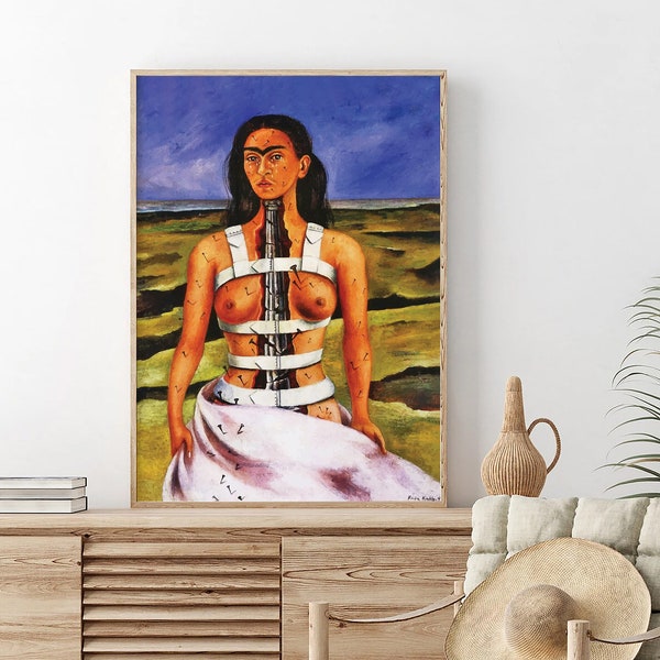 Frida Kahlo The Broken Column Print | Frida Kahlo Self Portrait | Feminist Wall Art | Girl Power | Blue Boho Home Decor
