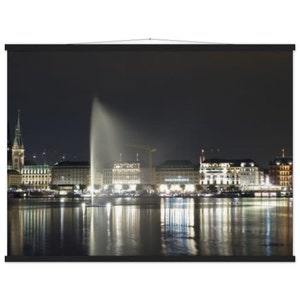 Hamburg Alster at night, Alster night picture horizontal picture or poster, art for your wall, Museum-Quality Matte Paper Poster with Hanger