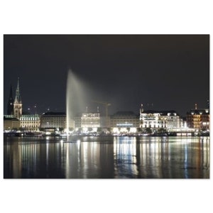 Hamburg Alster at night, Alster night picture horizontal picture or poster, art for your wall, aluminum print