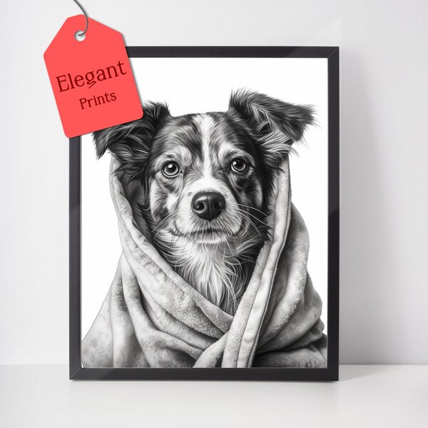 Pet Portrait Drawing Cute Dog in Bathrobe Digital Painting Memorial Gift Wall Art Decor Printable Download