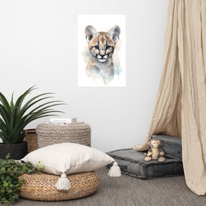 Poster di un simpatico puma / Arte per bambini / Arte ad acquerello per la cameretta dei bambini / Animale adorabile / Arte murale per la cameretta dei bambini