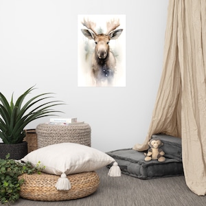 Poster di alce carino / Arte per bambini / Arte ad acquerello per cameretta / Animale adorabile / Arte murale per la cameretta dei bambini