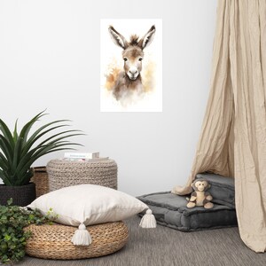 Poster con un asino carino / Arte per bambini / Arte ad acquerello per la cameretta dei bambini / Animale adorabile / Arte murale per la cameretta dei bambini