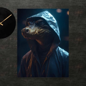 Crocodile in Raincoat Poster | Crocodile Art | Wall Art | Art Print | Poster Print | Funny Animals | Clothed Animal  Art | Cute