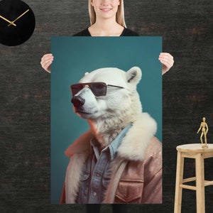 Orso polare stile anni '80 / Poster retrò / Arte murale anni '80 / Soggiorno / Decorazioni divertenti