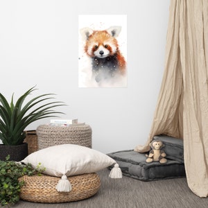 Póster de panda rojo adorable, arte para bebés, acuarela para guardería, animal adorable, arte de pared para habitación infantil.