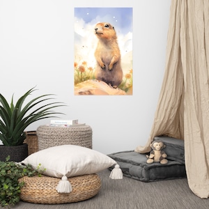 Poster con simpatico cane della prateria / Arte per bambini / Arte ad acquerello per cameretta / Animale adorabile / Arte murale per la cameretta dei bambini