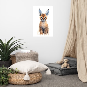Poster di caracal carino / Arte per bambini / Arte ad acquerello per cameretta / Animale adorabile / Arte murale per cameretta dei bambini