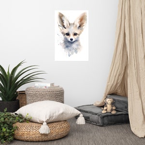 Póster de zorro fénec, arte para bebés, acuarela para guardería, animal adorable, arte de pared para habitación infantil.