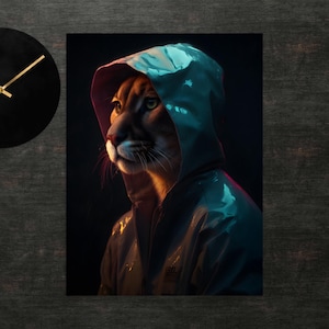 Plakat Puma w płaszczu przeciwdeszczowym | Sztuka Puma | Sztuka ścienna | Wydruk artystyczny | Wydruk plakatu | Zabawne zwierzęta | Sztuka ubranego zwierzęcia | Uroczy