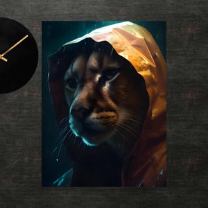 Poster di puma con impermeabile / Arte di puma / Arte murale / Stampa artistica / Stampa di poster / Animali divertenti / Arte di animali vestiti / Carino