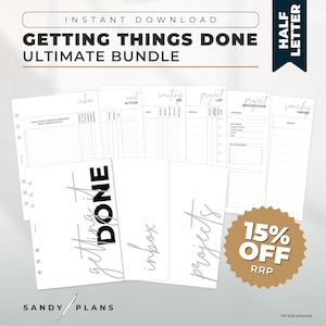 May include: A black and white printable planner bundle for getting things done. The bundle includes pages for inbox, next actions, waiting on, project list, project breakdown, and someday maybe. The image also includes a 15% off sale.