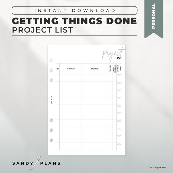 GTD Project List | PERSONAL | PRINTABLE Planner Insert | Productivity | Getting Things Done