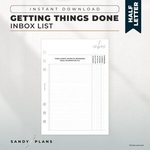 Puede incluir: Una lista de bandeja de entrada imprimible para hacer las cosas. La lista incluye columnas para el horario, la próxima acción, en espera, proyectos, algún día y referencia. La lista está diseñada para papel de tamaño A5.