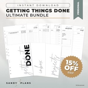 May include: A printable planner bundle with the text "Getting Things Done Ultimate Bundle" and a 15% off discount. The planner pages include sections for inbox, next action, waiting on, project list, project breakdown, and someday maybe.