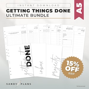 May include: A black and white printable planner bundle with the text "Getting Things Done Ultimate Bundle" and "15% Off RRP". The planner pages include sections for inbox, next action, waiting on, project list, project breakdown, and someday maybe.