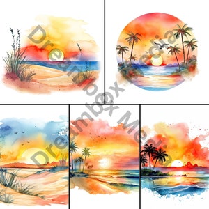 May include: Four watercolor paintings depicting a beach scene at sunset. The paintings feature a sandy beach, ocean waves, palm trees, and a bright orange sunset. The paintings are in a square format and are arranged in a grid.