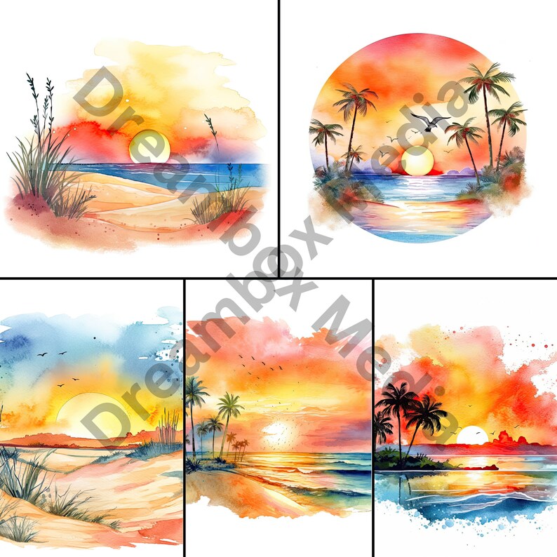 May include: Four watercolor paintings depicting a beach scene at sunset. The paintings feature a sandy beach, ocean waves, palm trees, and a bright orange sunset. The paintings are in a square format and are arranged in a grid.