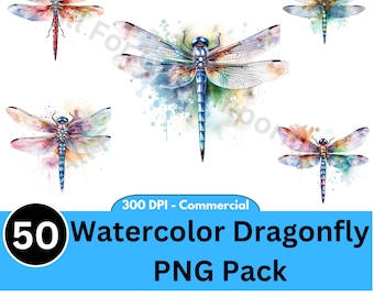 50 Dragonfly Watercolor Clipart PNG Bundle - Commercial Use - Dragonfly png - 300 DPI PNG - Dragonfly clipart hd - Instant Download