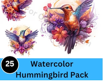 25 Paquete de imágenes prediseñadas SVG de colibrí de acuarela - Imágenes de collage de fabricación de papel, diario basura, álbum de recortes, pintura de colibrí, impresiones de arte