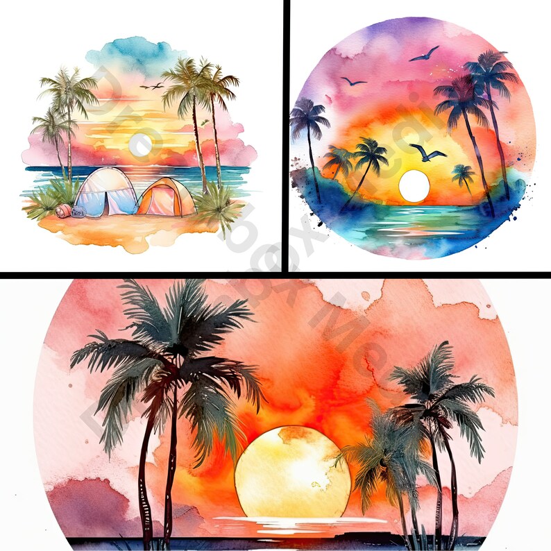 May include: Three watercolor paintings of tropical sunsets with palm trees. The first painting shows two tents on a beach. The second painting shows a sunset over the ocean with palm trees in the foreground. The third painting shows a sunset over the ocean with two palm trees in the foreground.