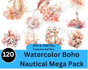 120 Boho Nautical SVG - Ocean Beach Wedding SVG  Mega Bundle - Commercial Use  - boho clipart hd - shells, lighthouse, anchor, Clipart, png