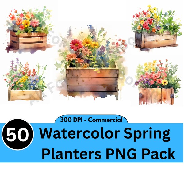 50 Watercolor Spring Planters Clipart PNG Bundle - Commercial Use - Springtime Planter Boxes - 300 DPI PNG - Spring Plants - Spring Flowers