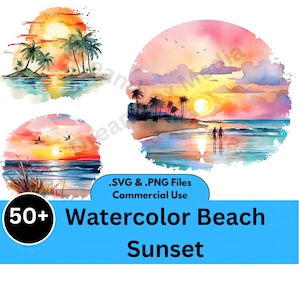 50 Sunset Clipart, Sunset SVG PNG, Commercial Use, Watercolor Beach, Beach Life svg, Ocean Sunset svg, Watercolor beach sunset, sunsets