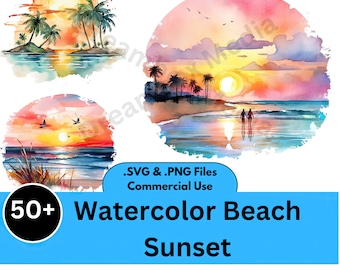 50 Sunset Clipart, Sunset SVG PNG, Commercial Use, Watercolor Beach, Beach Life svg, Ocean Sunset svg, Watercolor beach sunset, sunsets