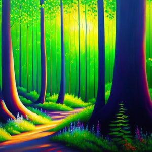 Printable wall art of forest with lush greenery and a peaceful atmosphere