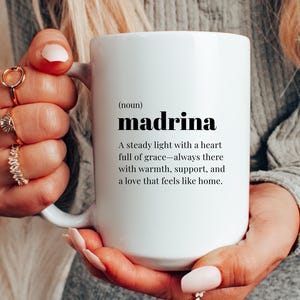 Madrina Gift, Ceramic Coffee Cup and Coaster Gift for Madrina, Spanish Godmother Birthday Gift Madrina Christmas Gift Madrina Definition Mug