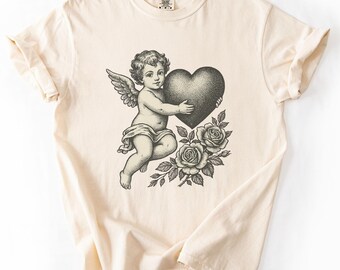 Vintage Cherub Heart Shirt, Valentine Graphic Tee, Comfort Colors Top