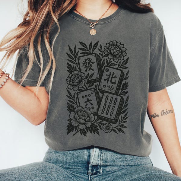 Retro Linocut Mahjong Floral Shirt, Comfort Colors® Mahj Tee, Vintage Game Night T-Shirt