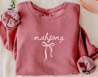 Cute Mahjong Sweatshirt with Bow, Comfort Colors Crewneck, American Mah Jongg Gift for Her, Game Night Sweater