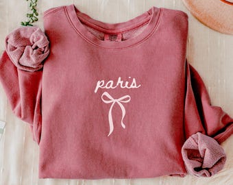 Paris Sweatshirt, Cute Comfort Colors® Feminine Paris Bow Crewneck, Parisian Style Sweater, Cozy Travel Gift