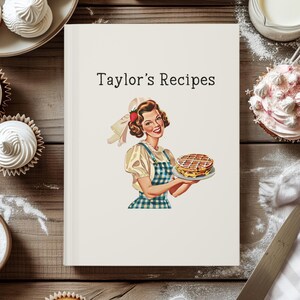 Custom Name Recipe Book, Personalized Empty Cookbook, Family Recipes Book, Vintage Recipes Journal Gift for Her Customizable Retro Cook Book