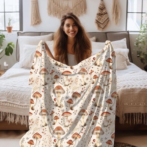 Cute Mushroom Blanket, Cottagecore Decor Nature Lover Gift Couch Throw Fungi Blanket Gift for Her Botanical Inspired Home Decor Soft Blanket