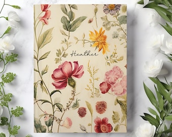 Custom Name Floral Journal, Personalized Wildflower Keepsake Daily Diary, Hardcover Composition Notebook Gift for Gardener, Wellness Journal