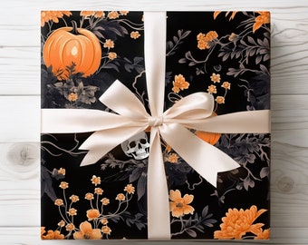 Halloween Wrapping Paper, Skulls and Pumpkins Gift Wrap, Halloween Birthday Wrapping Paper, Black and Orange Halloween Gift Wrap Roll