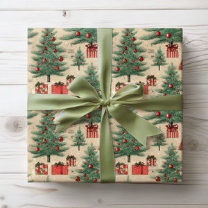 Vintage Christmas Tree Wrapping Paper, Holiday Gift Wraps, Christmas Gift Wrap Roll, Retro Christmas Wrapping Paper, Holiday Wrapping Paper