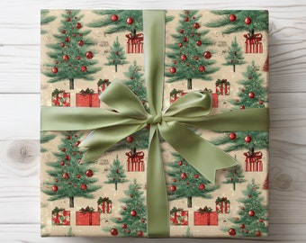 Vintage Christmas Tree Wrapping Paper, Holiday Gift Wraps, Christmas Gift Wrap Roll, Retro Christmas Wrapping Paper, Holiday Wrapping Paper