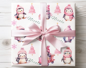 Custom Wrapping Paper Cute Pink Gift Wrap Penguin Wrapping Paper Kawaii Gift Wrap Holiday Wrapping Paper Personalized Name Pink Christmas