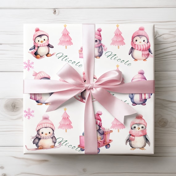 Custom Wrapping Paper Cute Pink Gift Wrap Penguin Wrapping Paper Kawaii Gift Wrap Holiday Wrapping Paper Personalized Name Pink Christmas