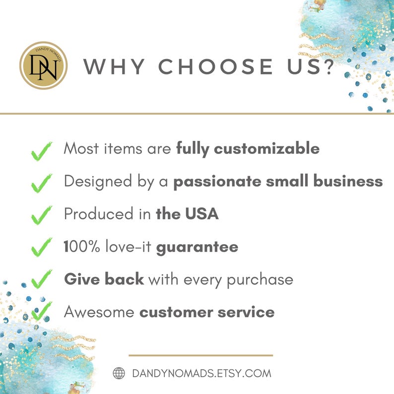 May include: A graphic with the text "WHY CHOOSE US?" and a logo. The text highlights features like customization, small business design, USA production, a guarantee, charitable giving, and customer service. The Etsy shop URL is also included.